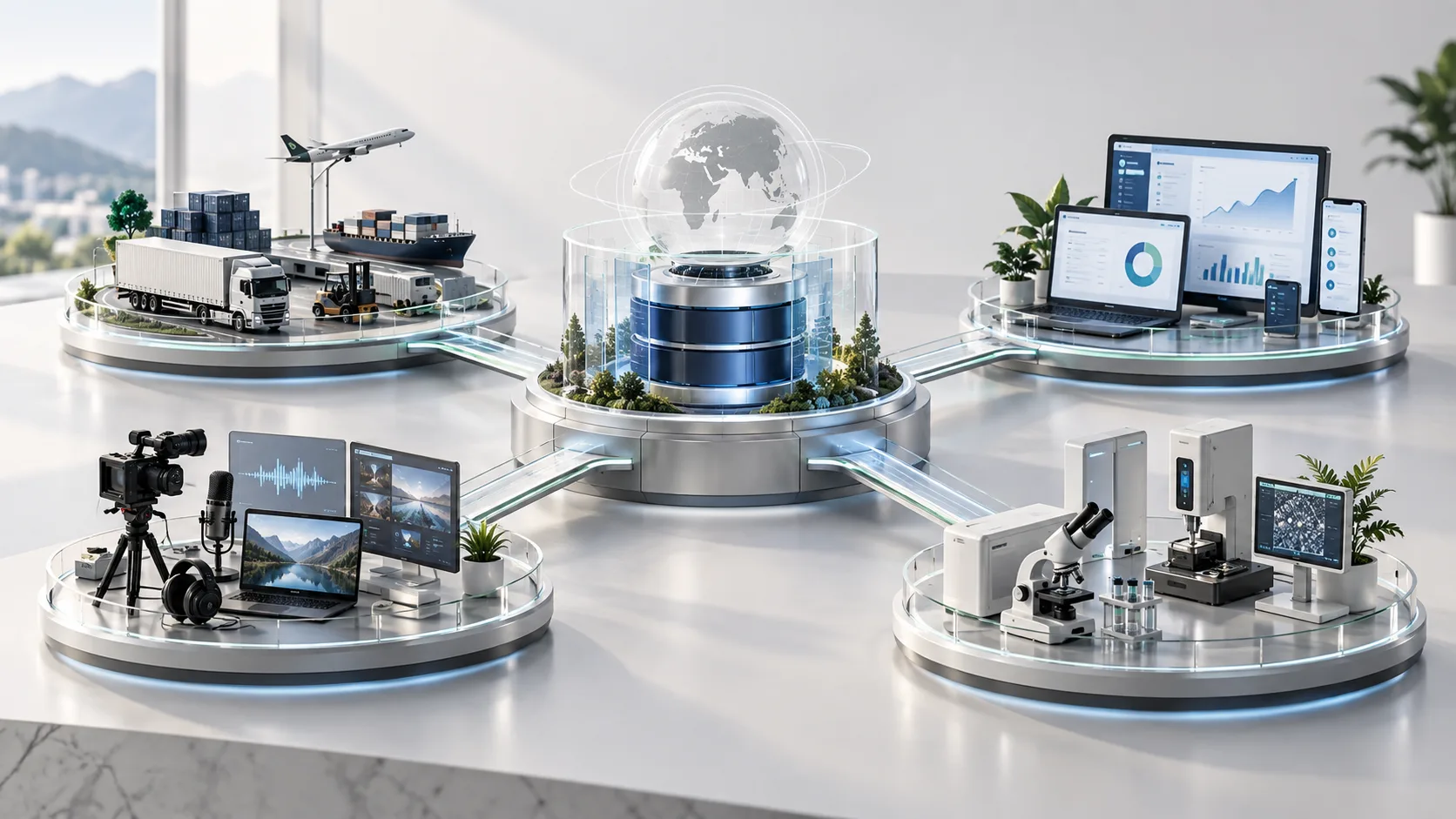 D-HAG technology ecosystem with connected transport, workflow, AI media, calibration, and business process domains